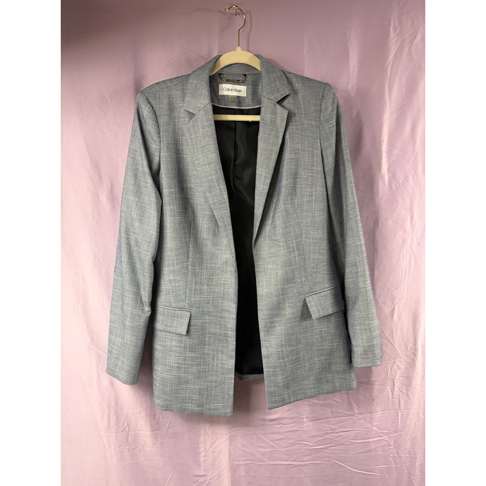 Calvin Klein Womens Blue Crosshatch Open Front Blazer Jacket Size 6